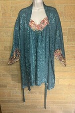 Vintage Val Mode Green Silky Satin Lace Negligee Chemise Lingerie and Robe Large