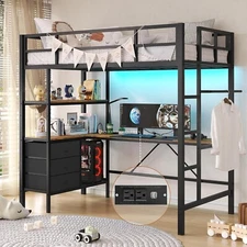 Metal Loft Bed Frame Twin Size with L-Shaped Desk,LED Lights,Charging Station