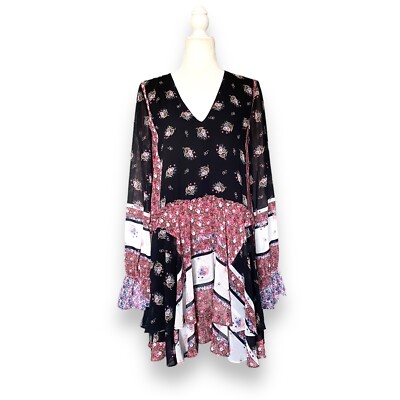 rebecca minkoff mini dress Rebecca Minkoff Boho Mini Dress Sz M Dark Floral Long Sleeve Layered Scarf