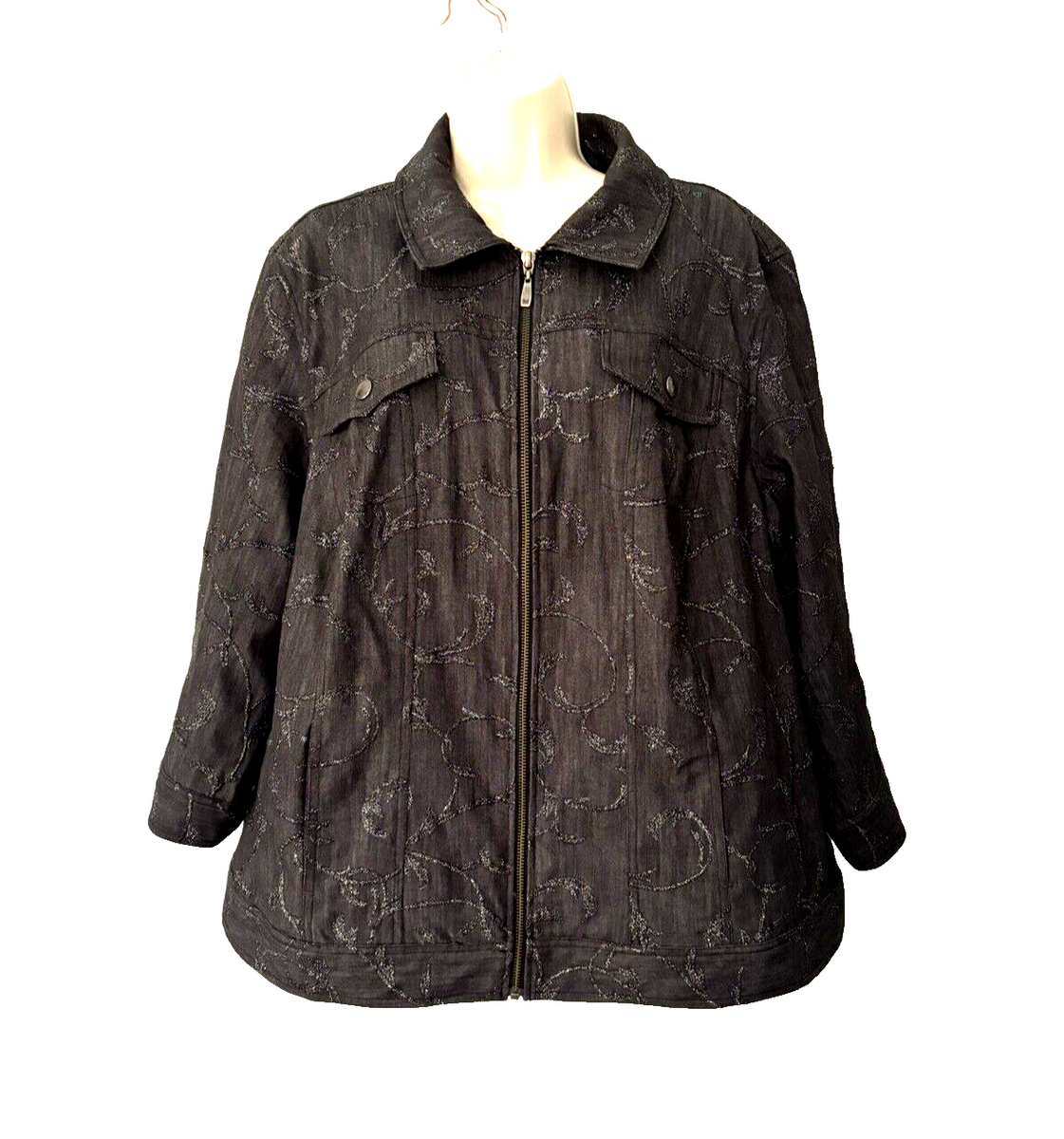 Peter Nygard Black Denim Embroidered Pant Suit Black Silver Lined