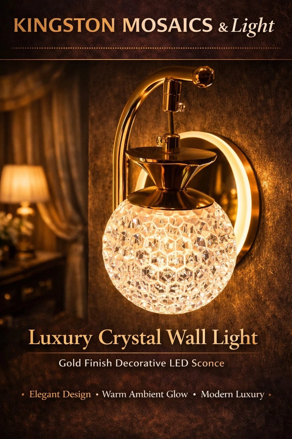 Luxury Crystal Wall Light – Gold Chrome Finish Decorative LED Wall Sconce - Picture 1 of 12