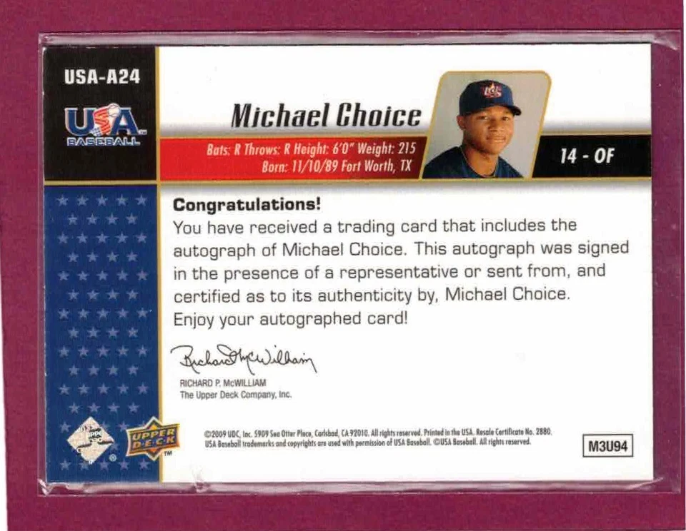 Upper Deck USA Star Prospects 2009 #USA-A24, Michael Choice, autógrafo Foto 2 de 2