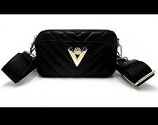 Image of Valentino Black Quilted Leather Small Crossbody V Logo Gold Hardware Zip