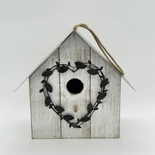 White Birdhouse Wooden With Metal Roof And Heart Shaped Leaves Hobby Lobby