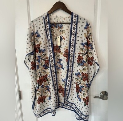 Max Studio London Women's Kimono Size XS Fall Floral Print NWT Orange Navy Cream