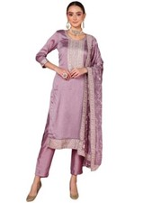 Women's Silk Blend Solid Embroidered Straight Kurta Pant With Dupatta