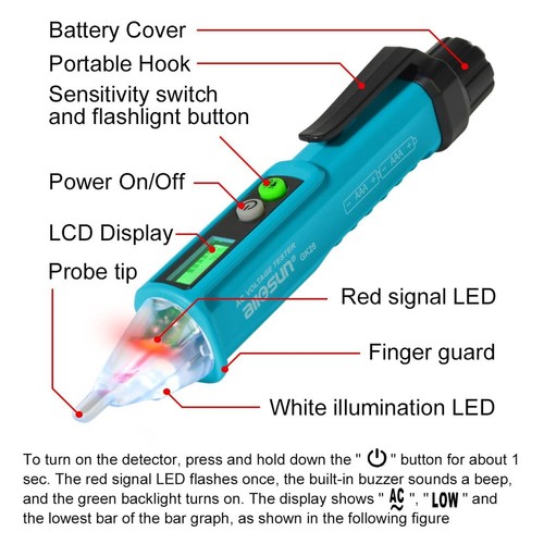 allsun Pen Non-Contact Voltage Detector AC 12V/48V-1000V Electrical Tester wi... - Picture 2 of 8