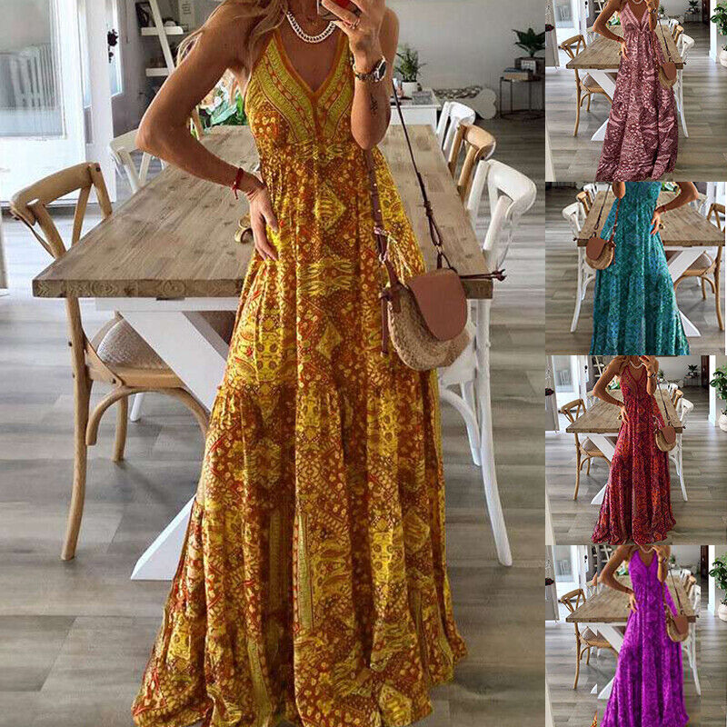 Dress Womens Boho Sundress Printed V-Neck Maxi Long Summer Strappy
