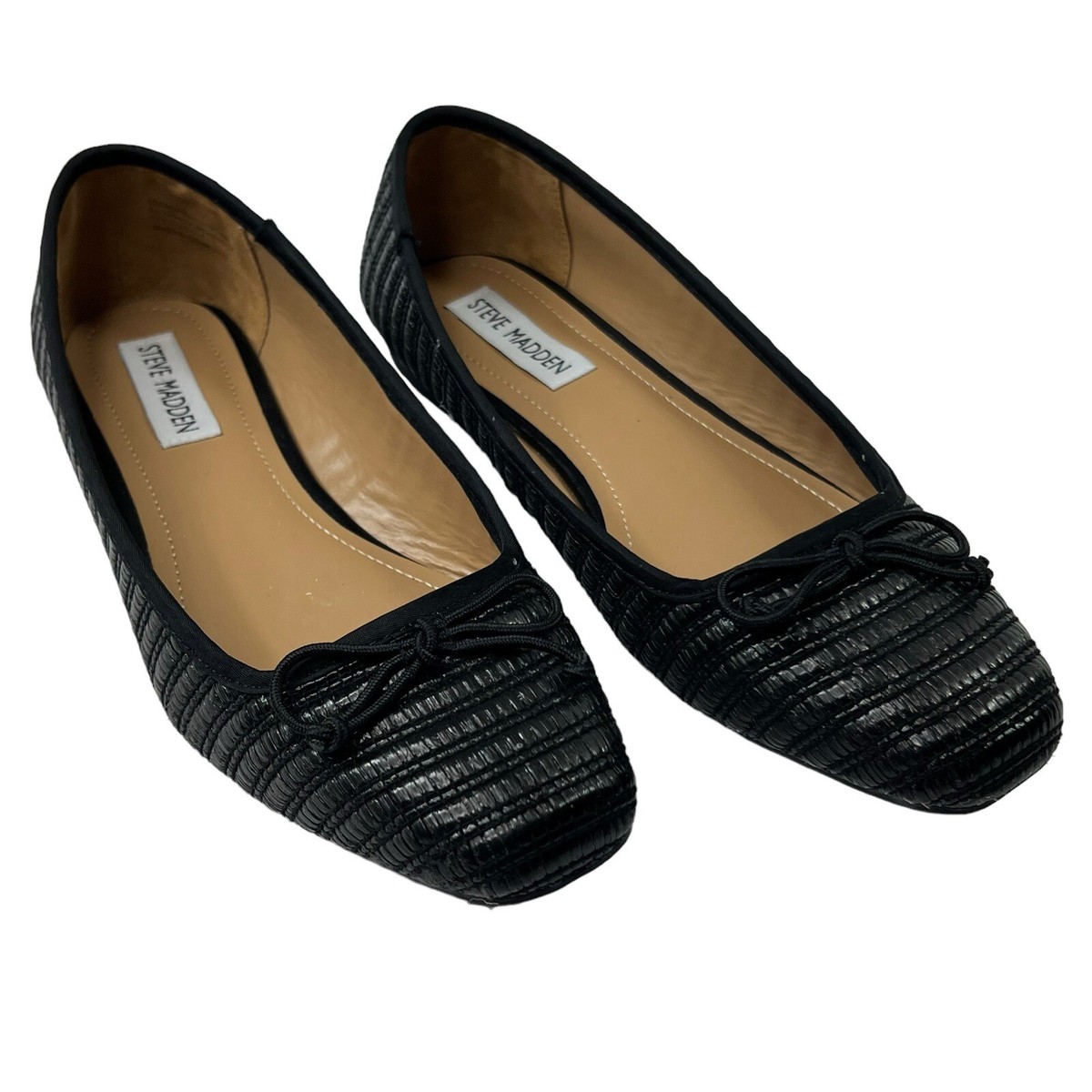 Steve Madden Women's Black Seemly Raffia Straw Ballet Flats Woven Bow Tie