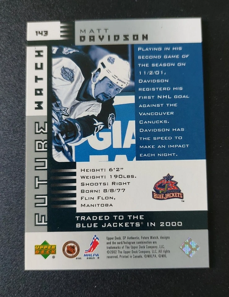 2001-02 SP Authentic Matt Davidson Future Watch Rookie Card 143. Serial #494/900 - Image 2 of 3