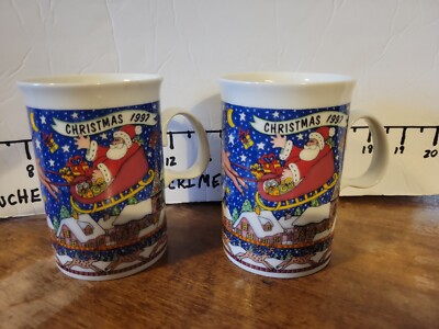 2 Vintage Dunoon Bone China Holiday Mug Christmas 1997 By Jane Brookshaw Cup