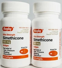 Rugby Simethicone Gas Relief 180mg 60ct -2 Pack (Compare to Phazyme) Exp 08-2027