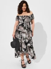 Torrid Maxi Dress Challis Off Shoulder Tulip High Low Palm NWT New 1X