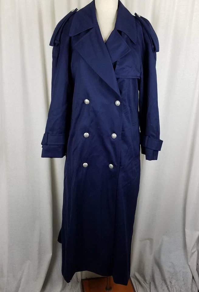 Trench coat feminino Bill Blass azul marinho peito duplo dragonas capa top maxi anos 80 6