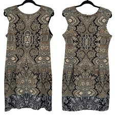Vintage Dress Barn Sleeveless Shift Dress 14 Brown Gray Paisley Medallion Print