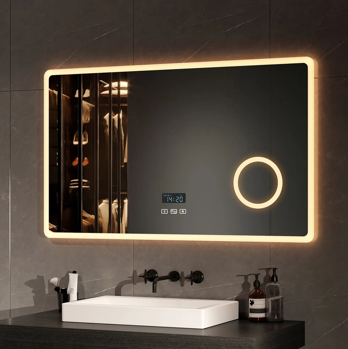 LED Badspiegel Wandspiegel Bluetooth Touch Uhr Beschlagfrei 80x60/100x60cm EMKE