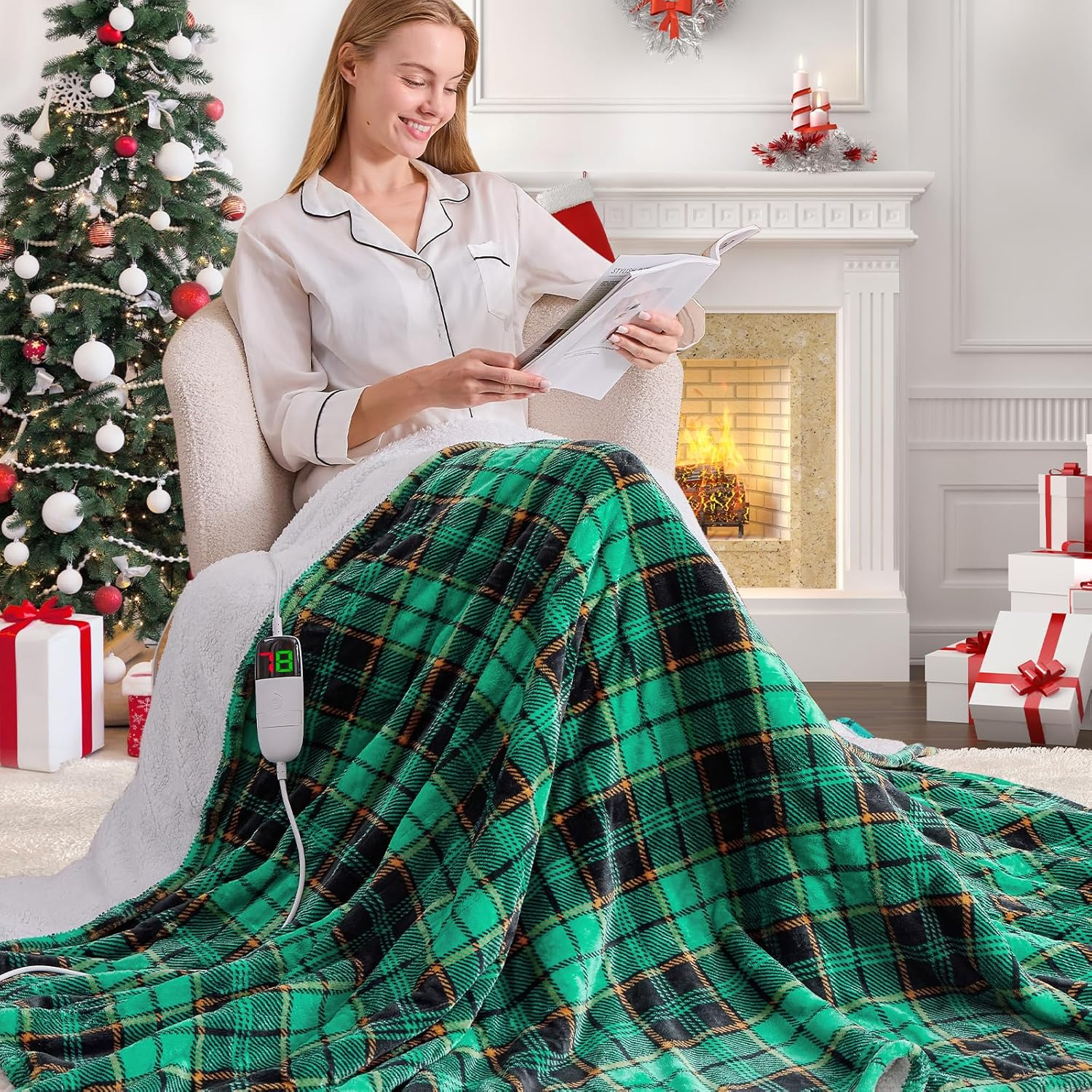 Green Heated Electric Twin Blanket 62x84 Plaid Christmas Gift  