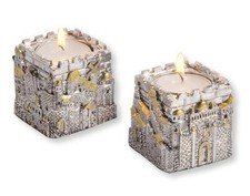 CANDLE HOLDER-JERUSALEM CITY CUBIC-SILVER-PLATED POLYRESIN (PACK OF 2) (#43137)