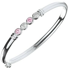 Solid Silver Baby Bangle Pink and White Gemstones Little Girls British Made