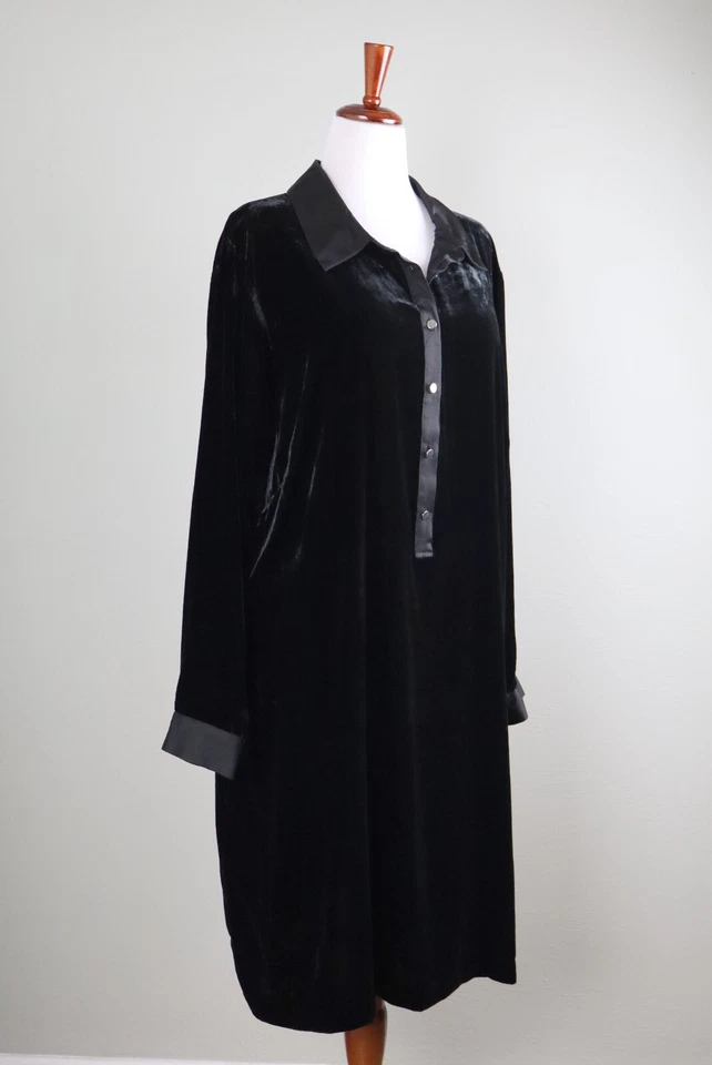 Vestido Camisa Popover Talbots Plus Nuevo con Etiquetas $149 Negro Sólido Cuello Terciopelo Talla 3X Foto 2 de 4