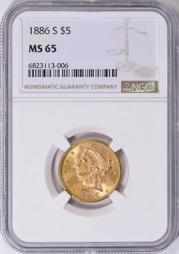 1886-S $5 Liberty Head Gold Coin NGC MS 65 – Rare Collectible