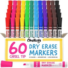 Chalkola Dry Erase Markers Bulk Pack of 60 12 Vibrant Colors , Chisel Tip White
