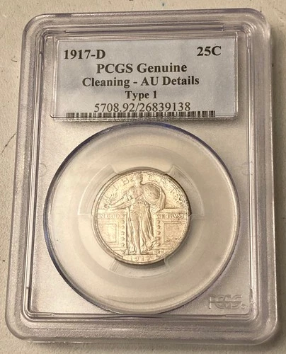 1917-D 25c TYPE 1 STANDING LIBERTY QUARTER PCGS GENUINE AU DETAILS CLEANING