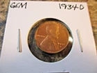 1934-D LINCOLN WHEAT CENT GEM BU RED FROM ORIGINAL ROLL    134
