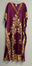Winlar Women Purple Floral Satin Caftan Lounger V-Neck One Size Fits Most NWT