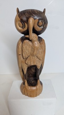 Carved Wooden Owl with Eagle Finished Signed by Artist