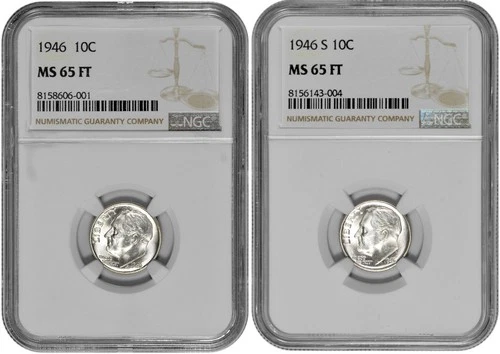1946 P + S 10C Silver Roosevelt Dime NGC Graded MS 65 FT Two Coin Lot