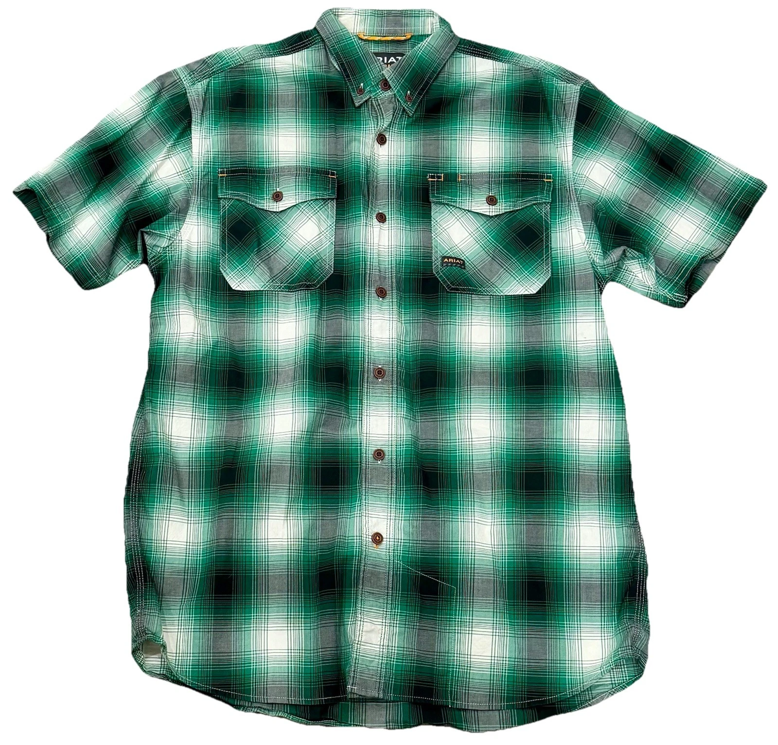 Ariat Men's Rebar Short Sleeve Flannel Work Shirt Green Plaid Size Medium