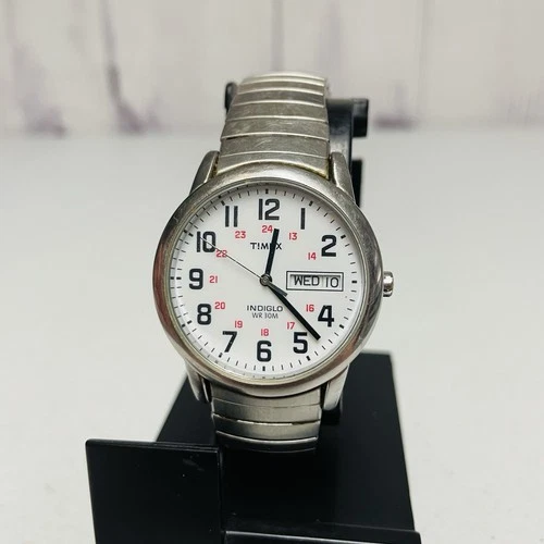 Timex Indiglo WR30M Quartz Day Date Vintage Mens Watch White Dial