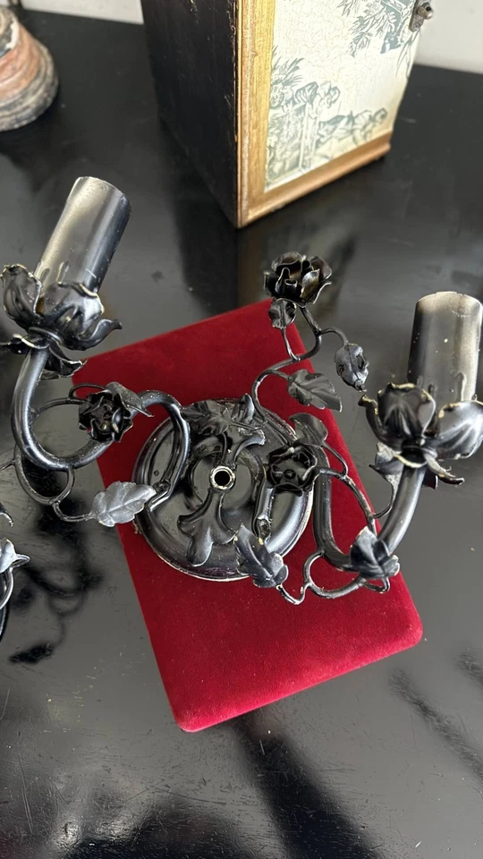 Vintage Wrought Iron Rose Wall Sconces Black Gothic French Tole — Needs Rewiring - Image 2 of 4