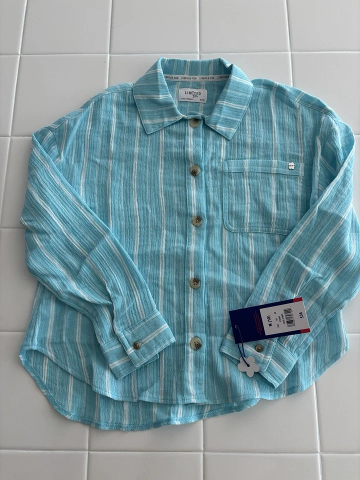 Top- Girls M (10) LIMITED TOO Button Front Long Sleeve Top Aqua Stripe New W/Tag - Image 2 of 4
