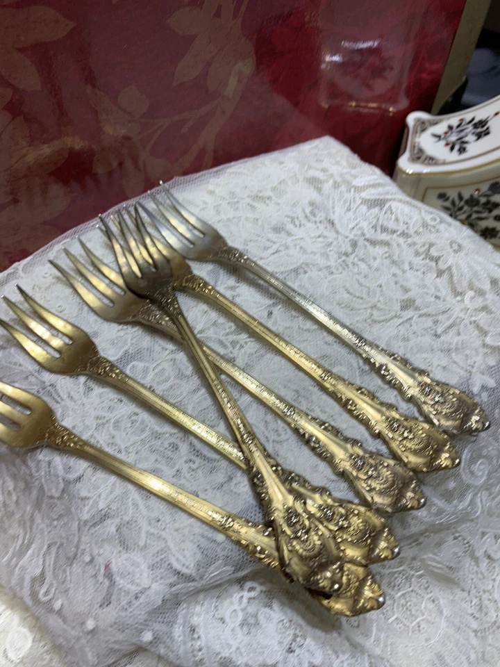 Horquillas Wallace de colección. Tenedores de cóctel de ley (7) oro vermeil Sir Christopher Foto 4 de 4