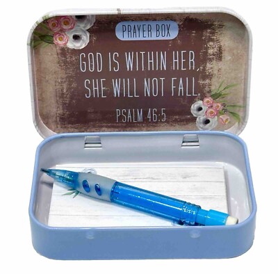 PRAYER BOX With Mini Note Pad & Blue Pencil PSALMS 46:5 Country Roses Design