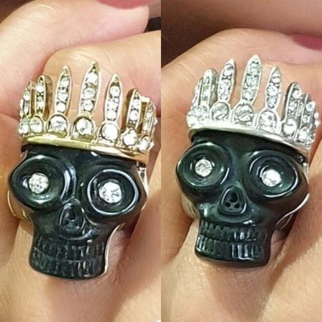 Anillo Étnico Tribal Pigmeo Zulú Corona Caníbal Gótico Negro Esqueleto Calavera Cristal Foto 4 de 4