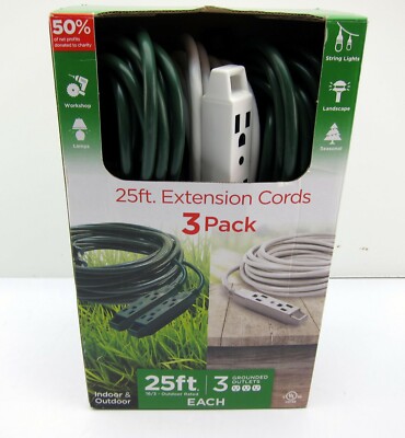 New 3 Pack Jasco UltraPro 3 Outlet Outdoor 16/3 Extension Cord Cords 1459518