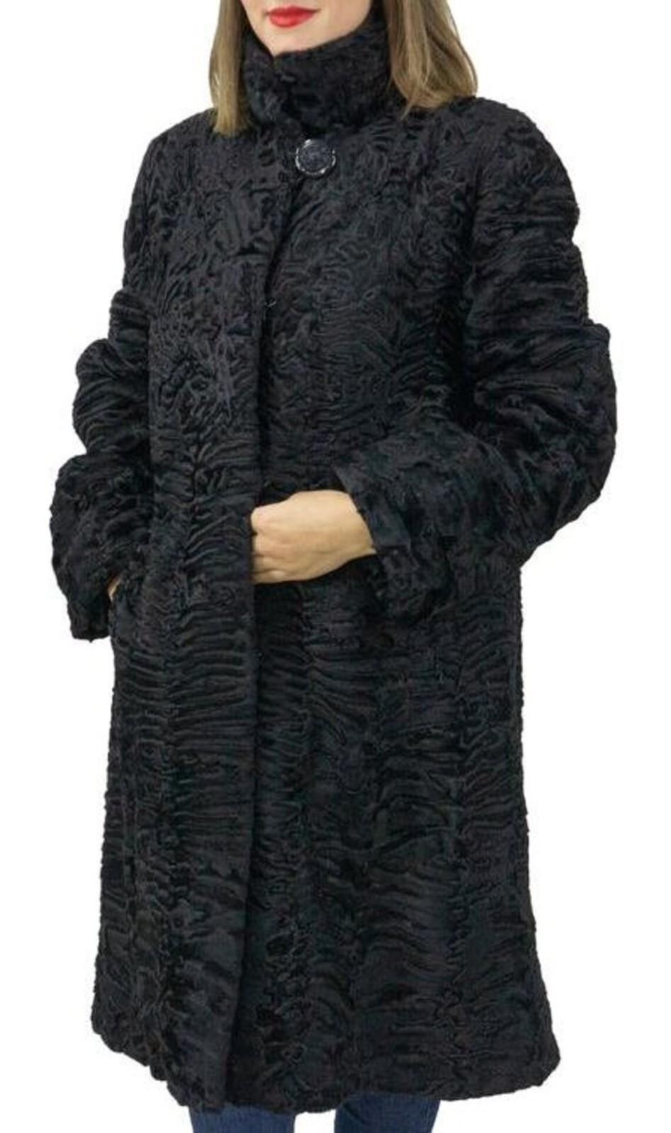 Women's Classic Style Astrakhan Fur Coat In Black Long Coat Handmade Jacket New image 4