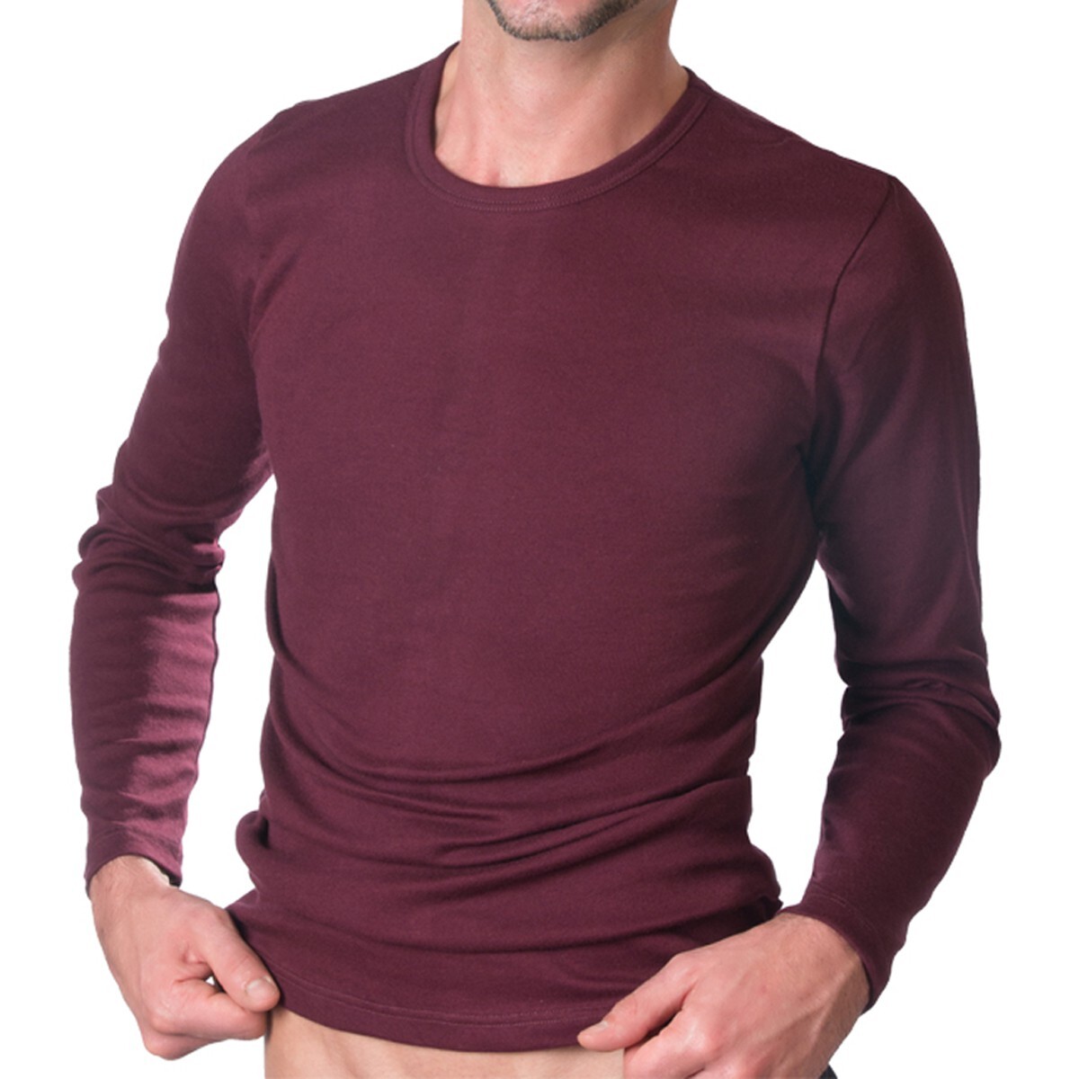 Camisa de manga larga para hombre HERMKO algodón orgánico underwear acanalado fino básico cuello redondo 3640