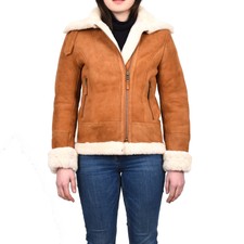 Women's Cross Zip Fastening Real Thick Sheepskin Aviator Jacket Tan Dr533