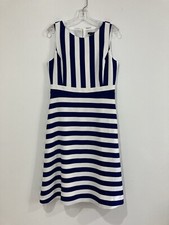 Ann Taylor Women Midi Dress Blue White Striped Sleeveless Fit Flare Size 6