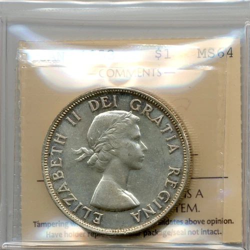 1953 Canada Silver Dollar, No Shoulder Fold - ICCS Uncirculated MS 64