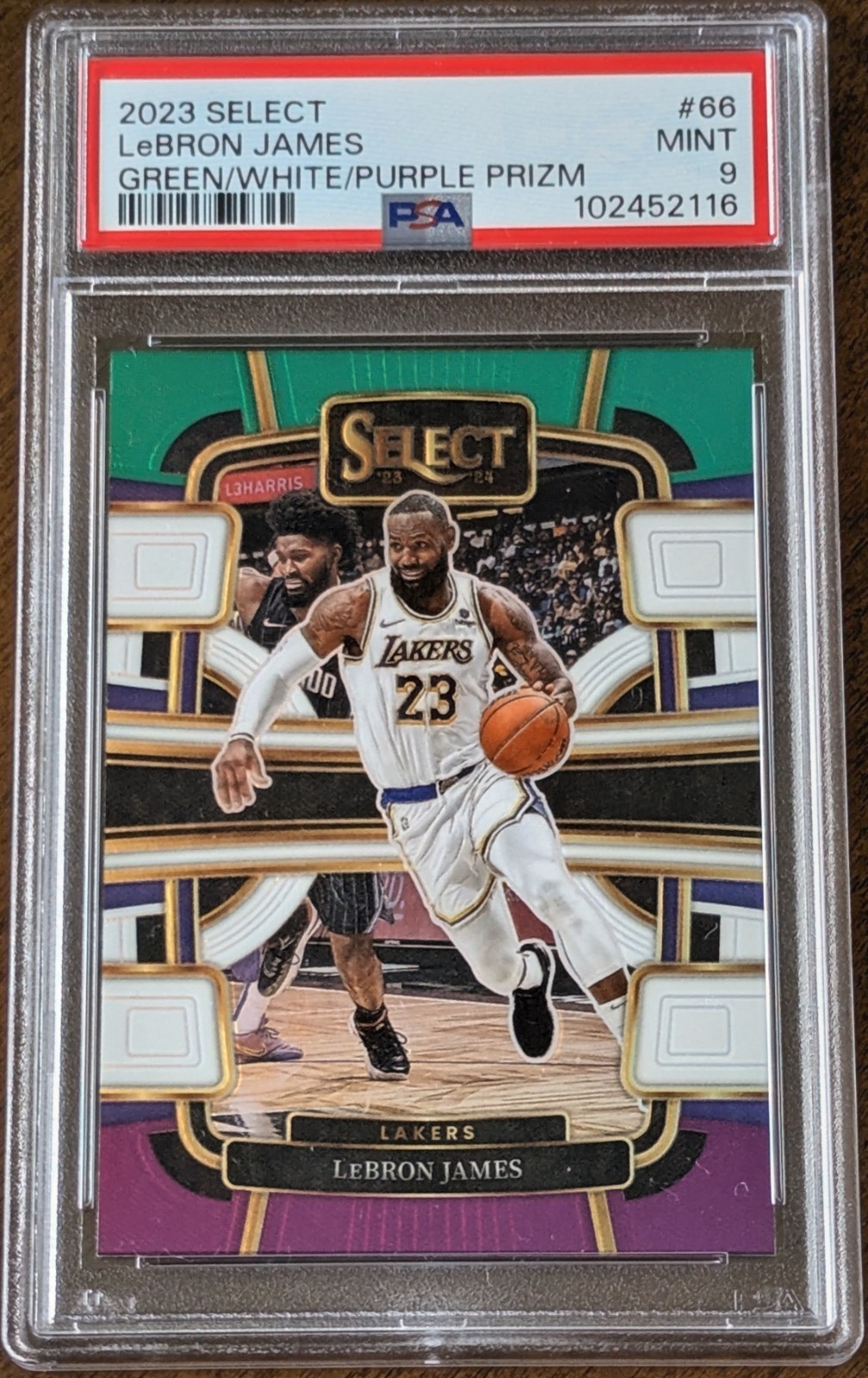 LeBron James 2023 Select Green/White/Purple Prizm Concourse #66 PSA 9 LA Lakers