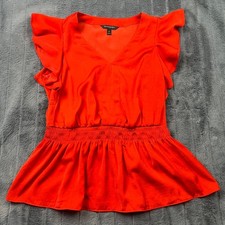 Banana Republic Red Orange Ruffle Flutter Sleeve Smocked Peplum Blouse Top XS