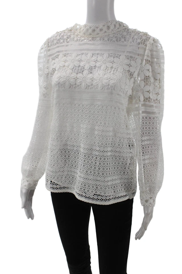 Maje Women White Floral Geometric Bohemian High Neck Long Sleeve Blouse Size 3 - Image 2 of 4