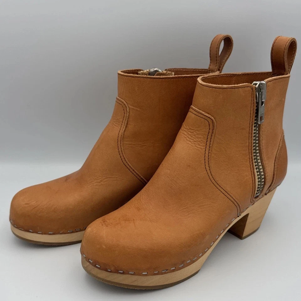 Swedish Hasbeens Emy Brown Anthro Zip Boots Leather Wood Heel Womens US 6 EU 36 - Image 2 of 4