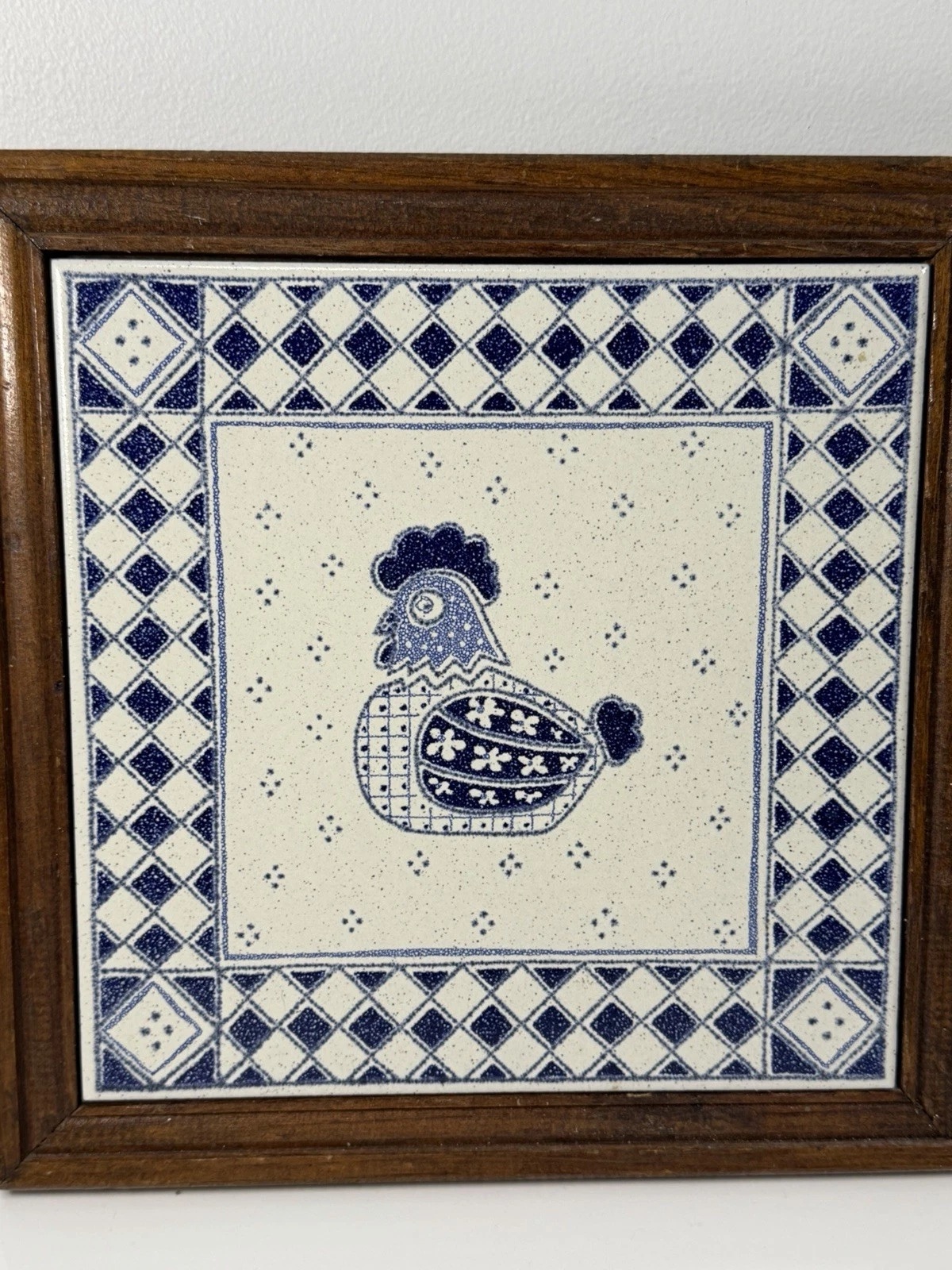 Vintage Piemme Blue & White Chicken Tile Trivet Wood Framed Farmhouse Wall Art - product detail image 2