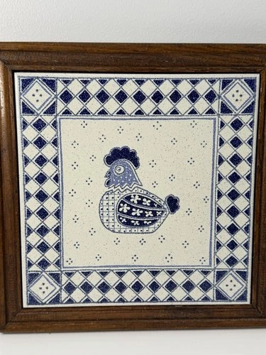 Vintage Piemme Blue & White Chicken Tile Trivet Wood Framed Farmhouse Wall Art image 2